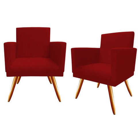 Kit 2 Poltronas Decorativa Nina Suede Vermelho Pés Madeira Ms Decor
