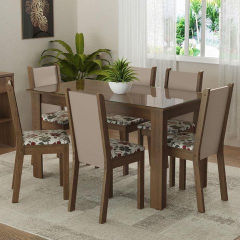Conjunto Sala de Jantar Mesa Tampo de Vidro 6 Cadeiras Heloísa Madesa Rustic/crema/hibiscos