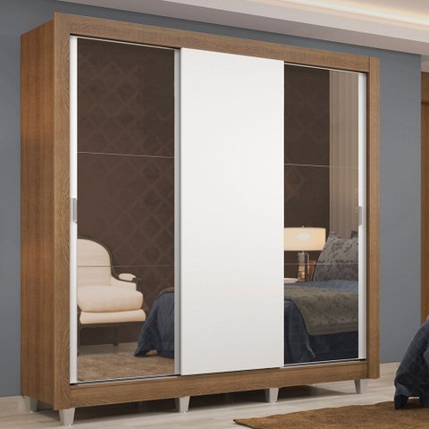 Guarda-Roupa Casal Madesa Lyon 3 Portas de Correr com Espelhos 2 Gavetas com Pés Rustic/Branco Cor:R