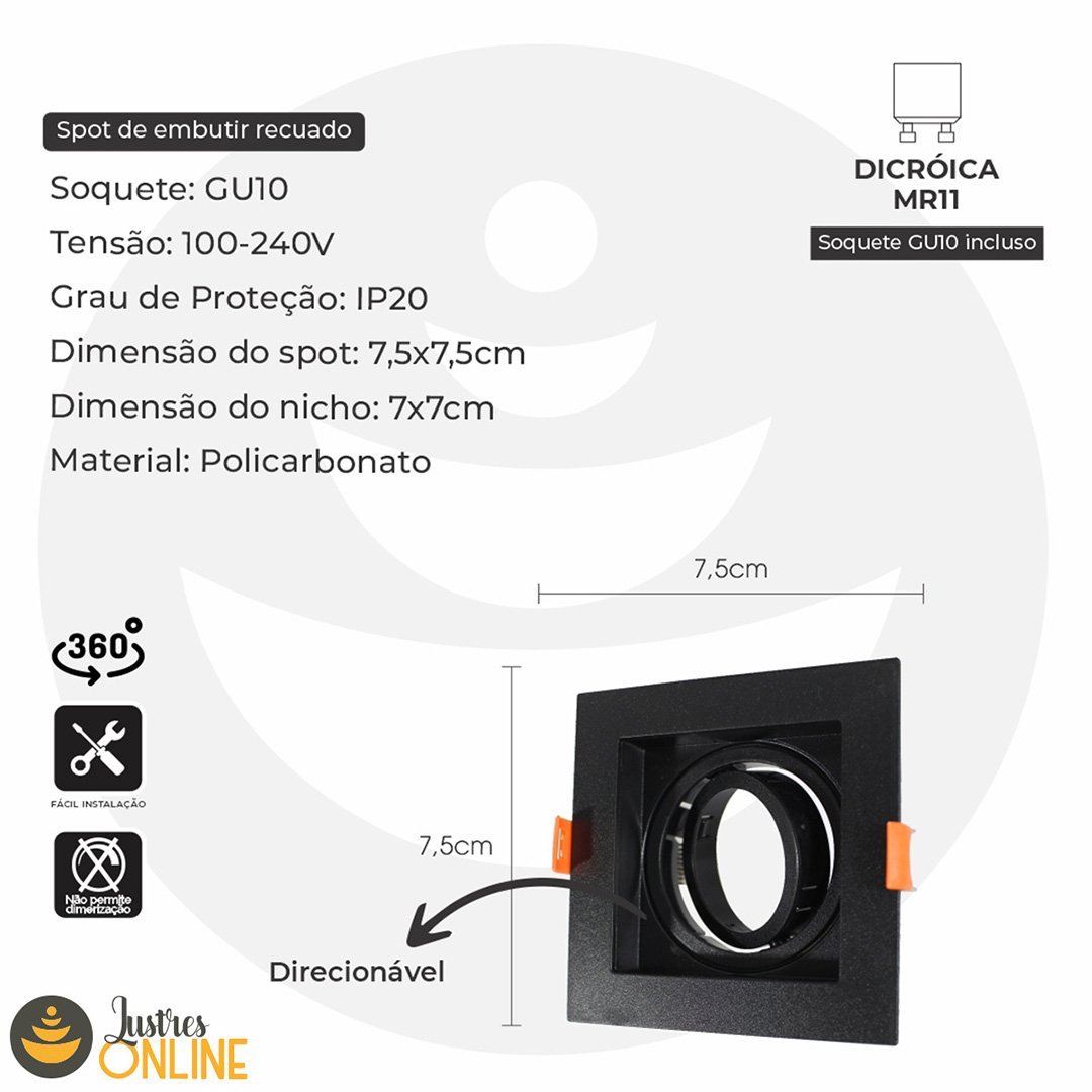 Spot Recuado 7,5x7,5x4,1cm Gu10 Mr11s Preto Ip20 Lumier - 5