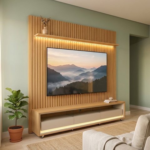 Rack com Painel para TV até 90 Polegadas com 3 Gavetas, LED, Vidro e Ripado 230x250x35cm