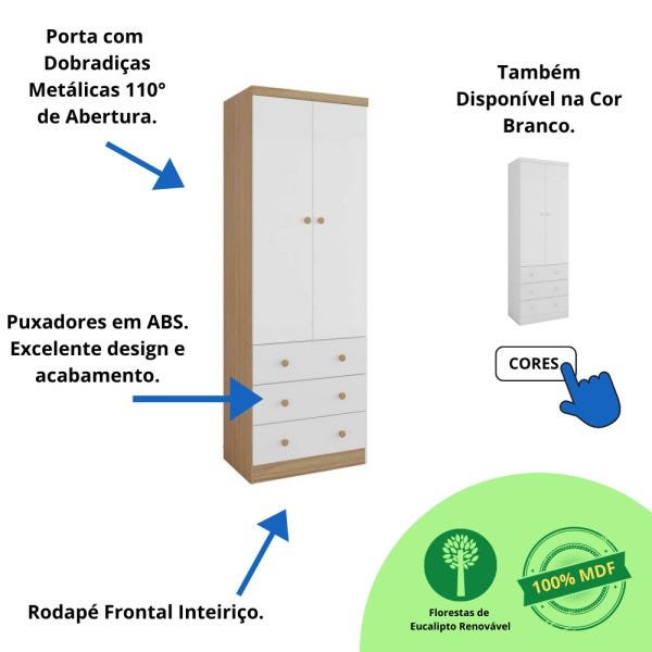 Guarda-Roupa Infantil Smim 2 Portas Lisa 3 Gavetas Branco Brilho / Branco Brilho com Carvalho - 2