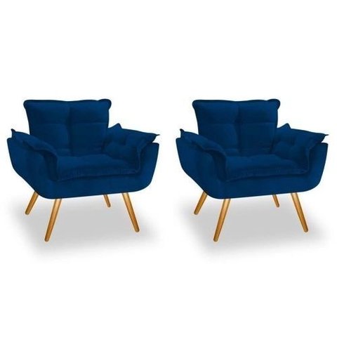 Kit 02 Poltronas Opala Suede Azul Marinho Pés Palito