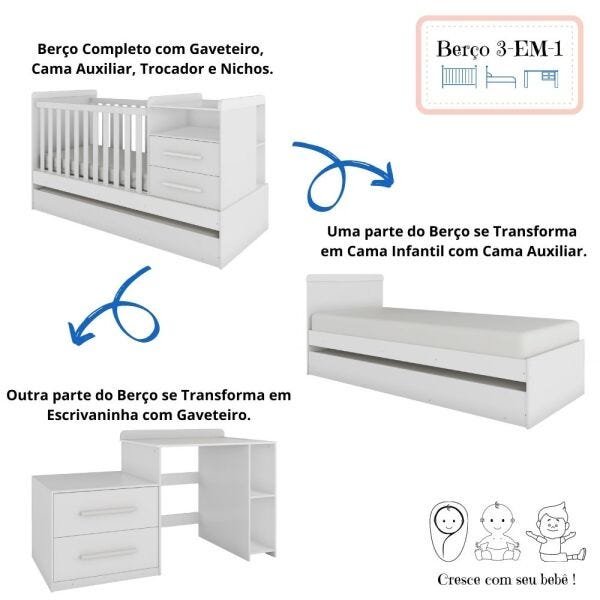 Berço Multifuncional Vini com Cama Auxiliar Branco / Branco com Carvalho Peroba - Branco Brilho - 2