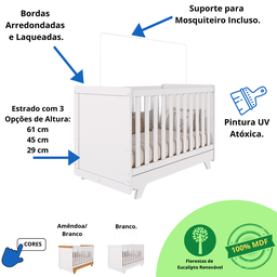 Berço Infantil Mini Cama Retro Branco / Branco com Cinza / Branco com Carvalho Peroba - Branco Brilh - 3