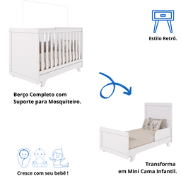 Berço Infantil Mini Cama Retro Branco / Branco com Cinza / Branco com Carvalho Peroba - Branco Brilh - 4