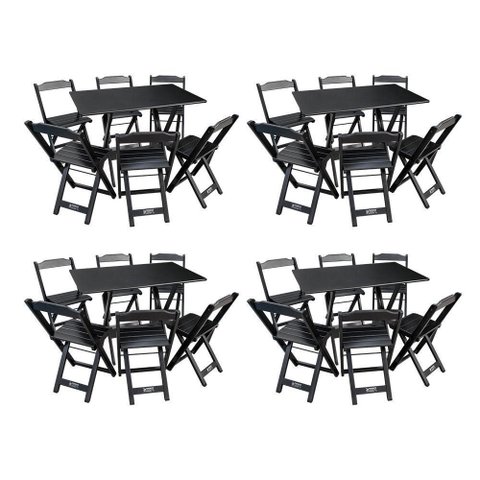 Kit 4 Conjuntos de Mesa Dobráveis de Madeira 70x110cm com 6 Cadeiras Preta