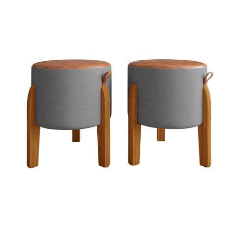 Kit 2 Puff Luna Couro Linho Pés Madeira Maciça Eucalipto:cinza/caramelo