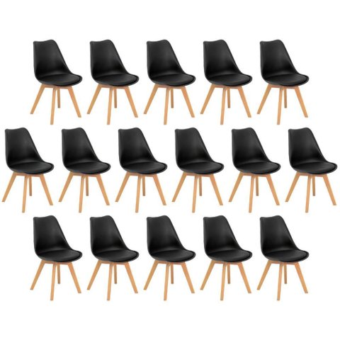 Conjunto 16 Cadeiras de Jantar Eames Wood Leda Design Estofada - Preto