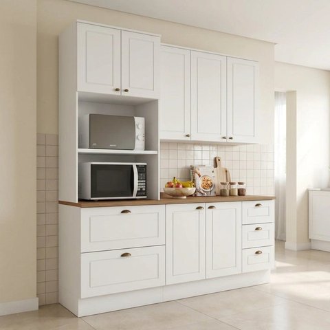 Cozinha Compacta Modulada 3 Peças 100% MDF com Armário Torre Quente e Balcão com Tampo Branca Emily