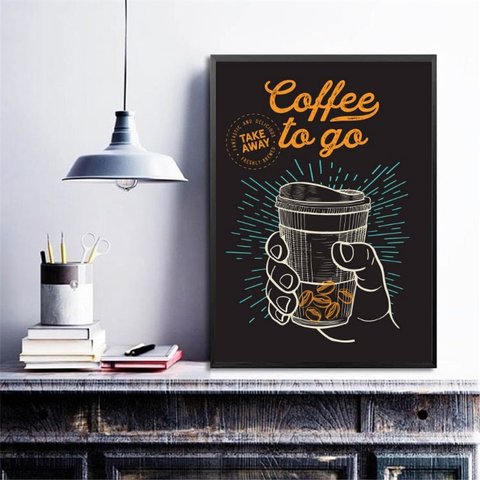 Quadro Retrô Café - Coffee To Go 33x24cm - com Vidro:madeira Preta