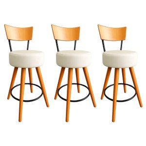 Kit 3 Banqueta Alta Cozinha Estofada Off-white com Encosto Madeira Urban