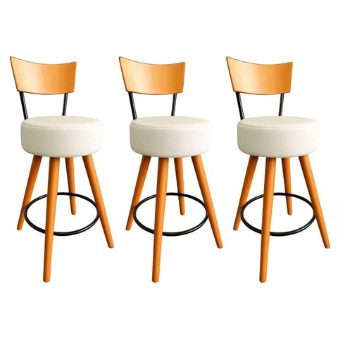 Kit 3 Banqueta Alta Cozinha Estofada Off-white com Encosto Madeira Urban