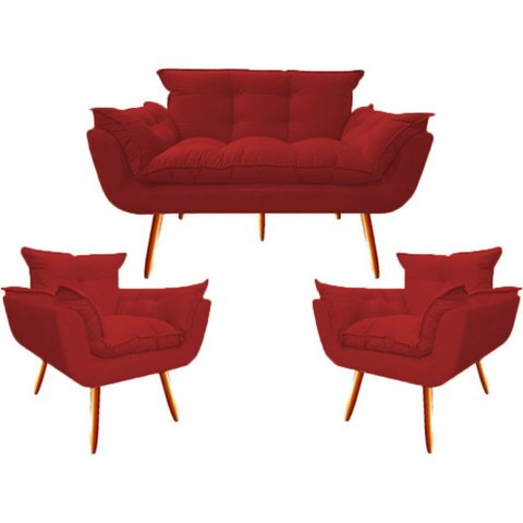 Kit Namoradeira + 2 Poltronas Decorativa Opala Suede Vermelho - Twdecora