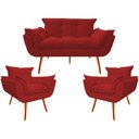 Ver imagem 1 de Kit Namoradeira + 2 Poltronas Decorativa Opala Suede Vermelho - Twdecora