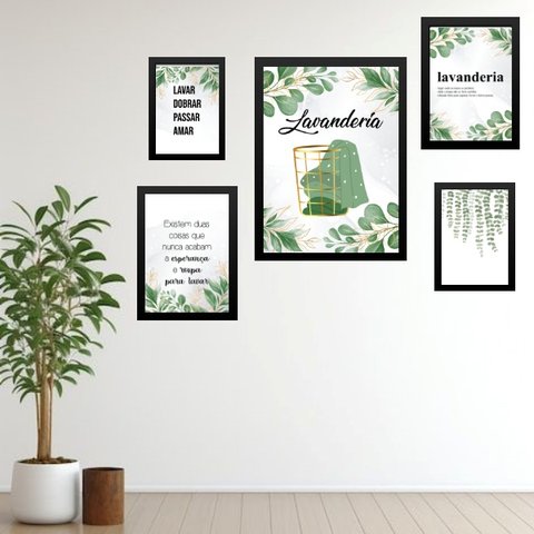 Composição 5 Quadros para Lavanderia:madeira Branca