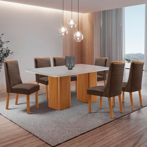 Mesa de Jantar Eloise 180cm Tampo MDF Vidro Canto Copo com 6 Cadeiras Carolina