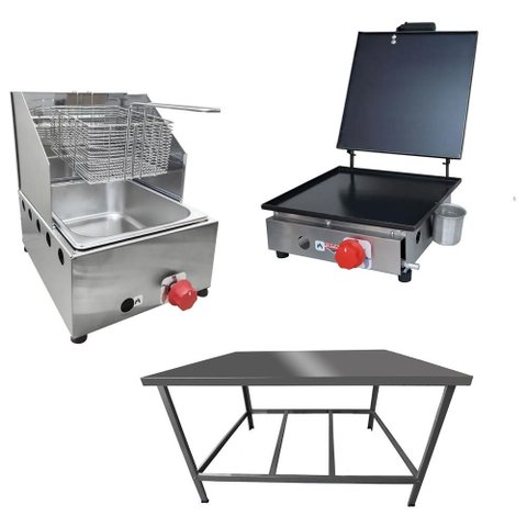 Kit Lanchonete Mesa de Manipulação 100x55cm + Fritadeira a Gás 1 Cuba + Chapa a Gás 30cm