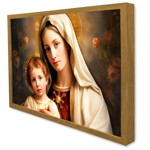 Quadro Decorativo Virgem Maria e o Menino Jesus em Moldura Caixa Tacolado Moldura Caixa 3cm Freijó C