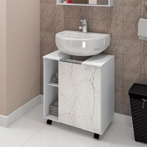 Gabinete Armário para Banheiro Pia de Coluna com 1 Porta Organizadora Pequin Branco/carrara