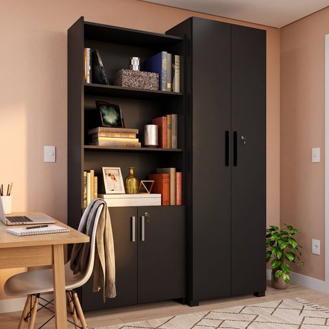 Kit Armários para Escritório com 4 Portas, Nichos e Chave 131x186x37,3cm