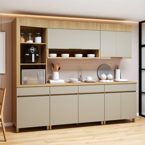 Cozinha Completa Modulada 5 Peças 8 Portas 4 Gavetas Torre Angular 100% MDF Realeza Premium Bege/Carvalho/Greige