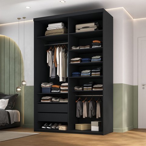 Closet Solteiro Guarda Roupa sem Porta 139cm 2 Gavetas Mdf Tunísia R02 Preto - Lyam Decor