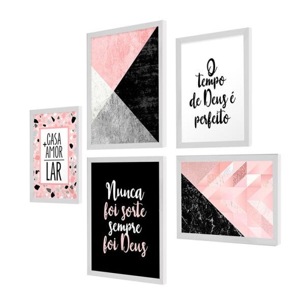 Kit 5 Quadros Decorativos Lar Família Geométrico Fé Moldura - 1