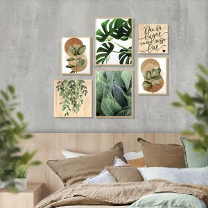 Kit 6 Quadros Decorativos Folhas Plantas Verdes Sala Frases