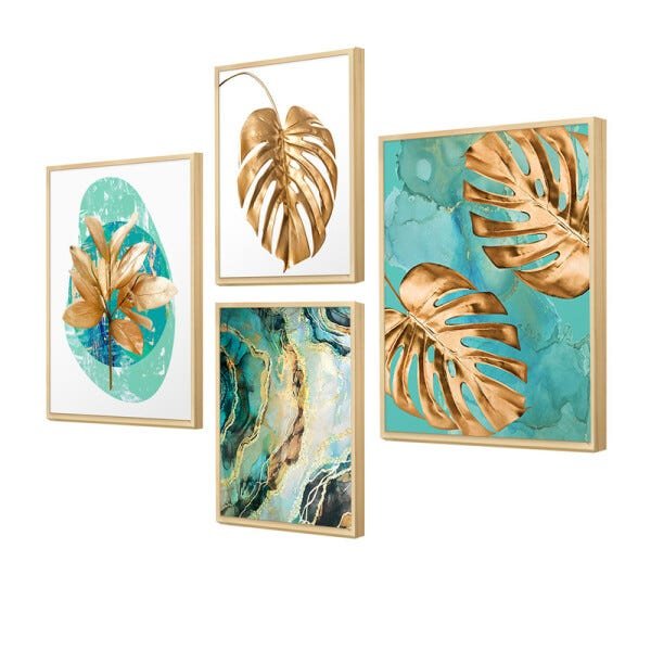 Kit 4 Quadros Decorativos Folhas Gold Dourado Quarto Verde - 1