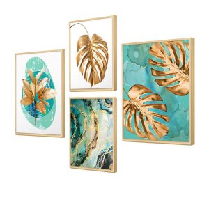 Kit 4 Quadros Decorativos Folhas Gold Dourado Quarto Verde