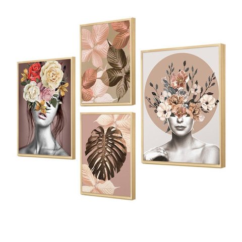 Kit 4 Quadros Decorativos Flores Mulher Surreal Rosa Quarto