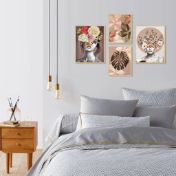 Kit 4 Quadros Decorativos Flores Mulher Surreal Rosa Quarto - 4