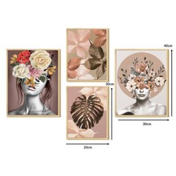 Kit 4 Quadros Decorativos Flores Mulher Surreal Rosa Quarto - 3