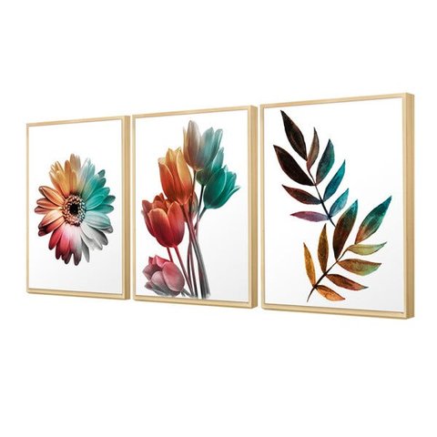 Kit Placas Quadros Decorativos 3 Peças Floral Colorido Flores com Moldura