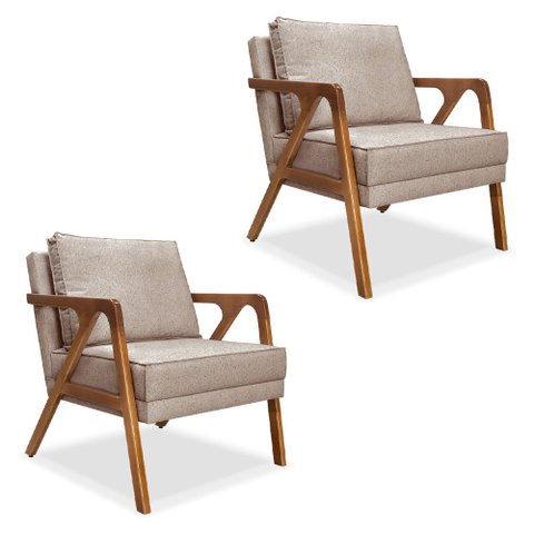 Kit 2 Poltronas Decorativa Luiza Linho Base em Madeira Castanho - Pallazio - Areia