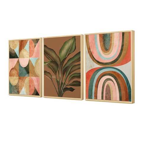 Kit 3 Quadros Decorativos Planta Geométrico Tons Marrom Sala