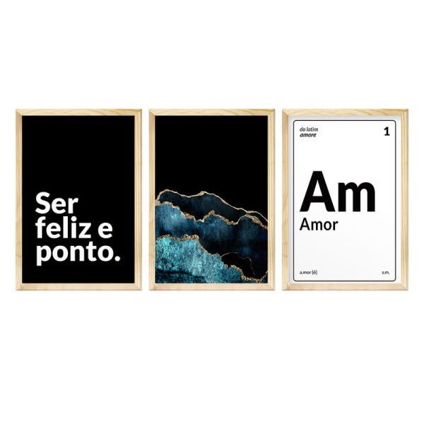 Kit 3 Quadros Decorativos Frases Família Amor Preto Tons Azul Sala Quarto Casal - 1