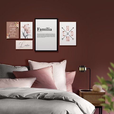 Kit 5 Quadros Decorativos Definição Significado Família Frase Lar Rose Gold Sala