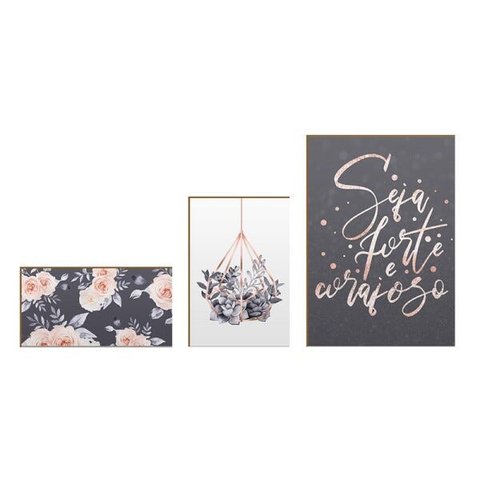 Kit 3 Quadros Decorativos Floral Planta Frase Geométrico Fé Rose Gold
