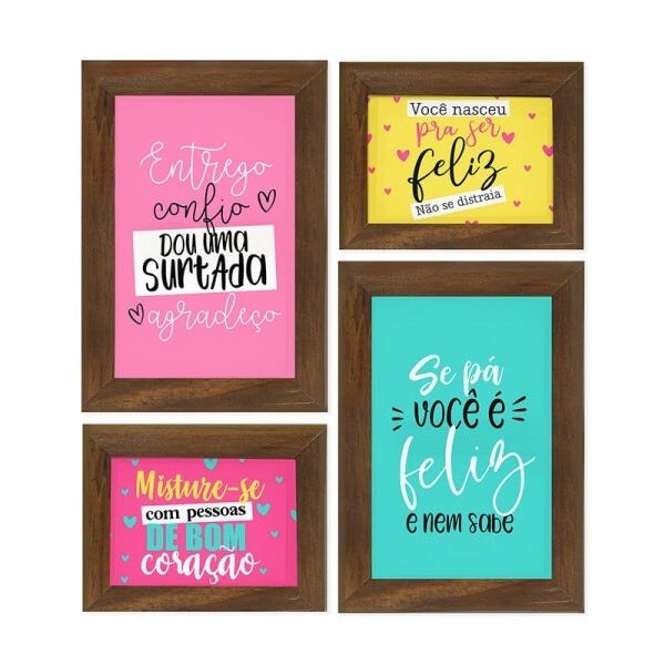 Kit 4 Quadros Decorativos Frase Gratidão Menina Colorido Quarto Feminino - 1