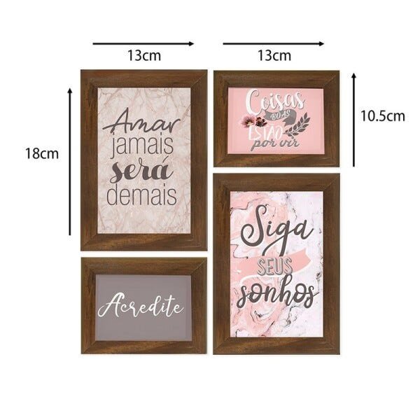 Kit 4 Quadros Decorativo Frase Sonhos Tons Rose Motivação - 5