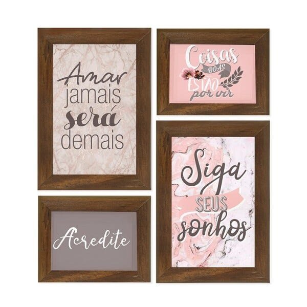 Kit 4 Quadros Decorativo Frase Sonhos Tons Rose Motivação - 1