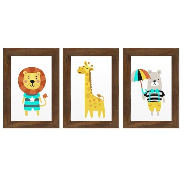 Kit 3 Quadros Decorativos Trio Animais Infantil Criança Bebê Quarto com Moldura - 1