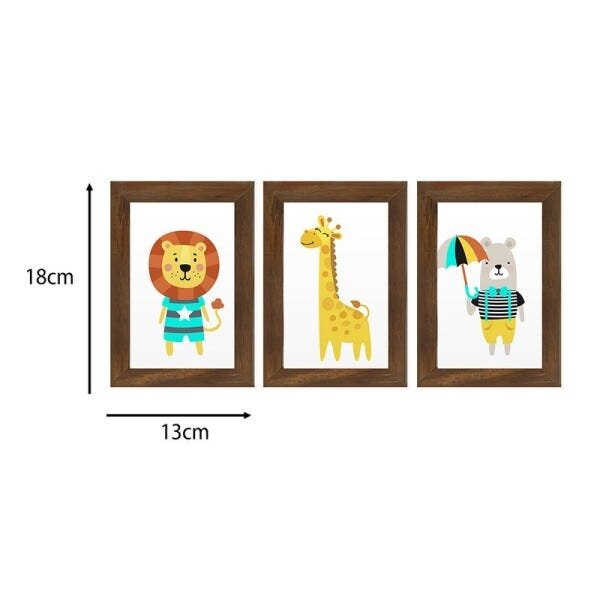 Kit 3 Quadros Decorativos Trio Animais Infantil Criança Bebê Quarto com Moldura - 5