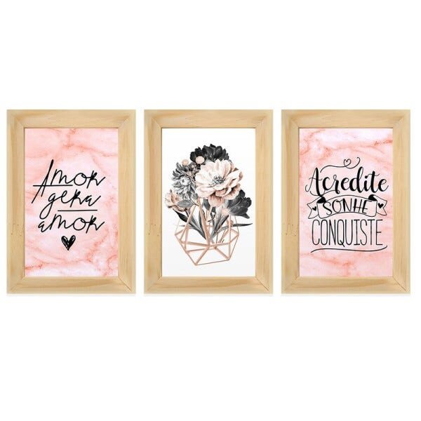 Kit 3 Quadros Decorativos Frases Rosa Flores Geométrico Amor Quarto Sala - 1