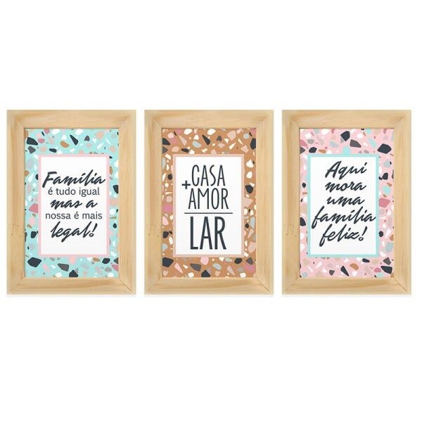 Kit 3 Quadros Decorativos Frases Amor Lar Família Tons Colorido Sala Hall - 1