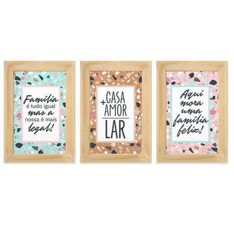 Kit 3 Quadros Decorativos Frases Amor Lar Família Tons Colorido Sala Hall