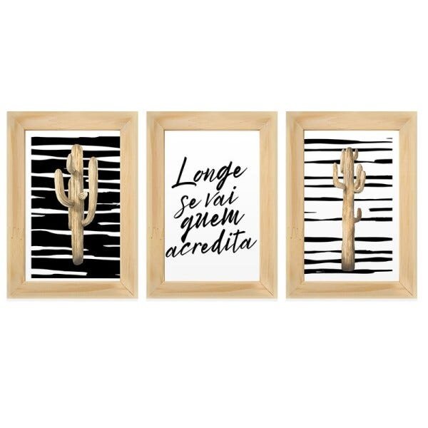 Kit 3 Quadros Decorativos Frase Cacto Preto Branco Sala Escritório Quarto - 1