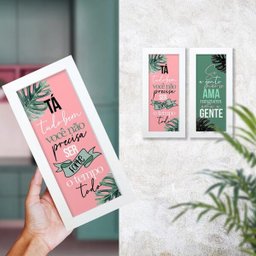Dupla de Quadros Decorativos Amor Plantas Costela Adão Frase Rosa Verde - 2